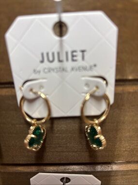 Gold Hoop Earrings with Green Stone Drops